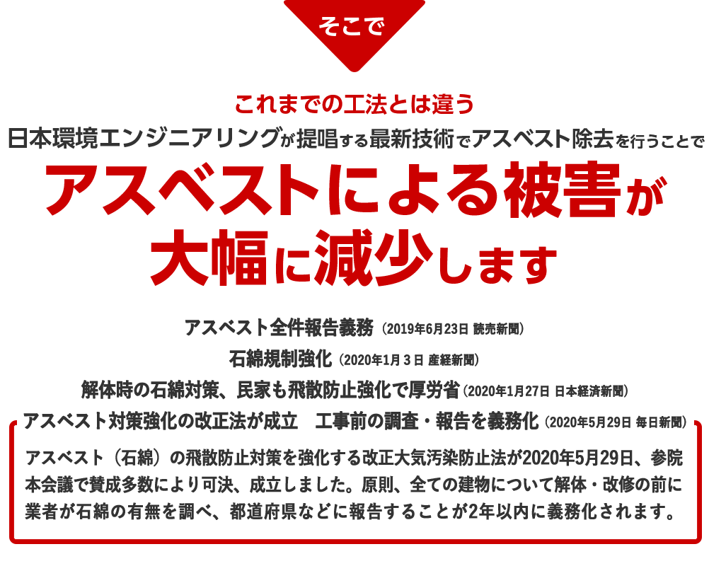 日本環境エンジニアリングが提唱する最新技術でアスベスト除去を行うことでアスベストによる被害が大幅に減少します