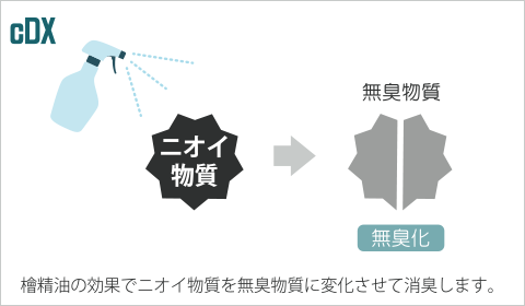 cDXは檜精油の効果でニオイ物質を無臭物質に変化させて消臭